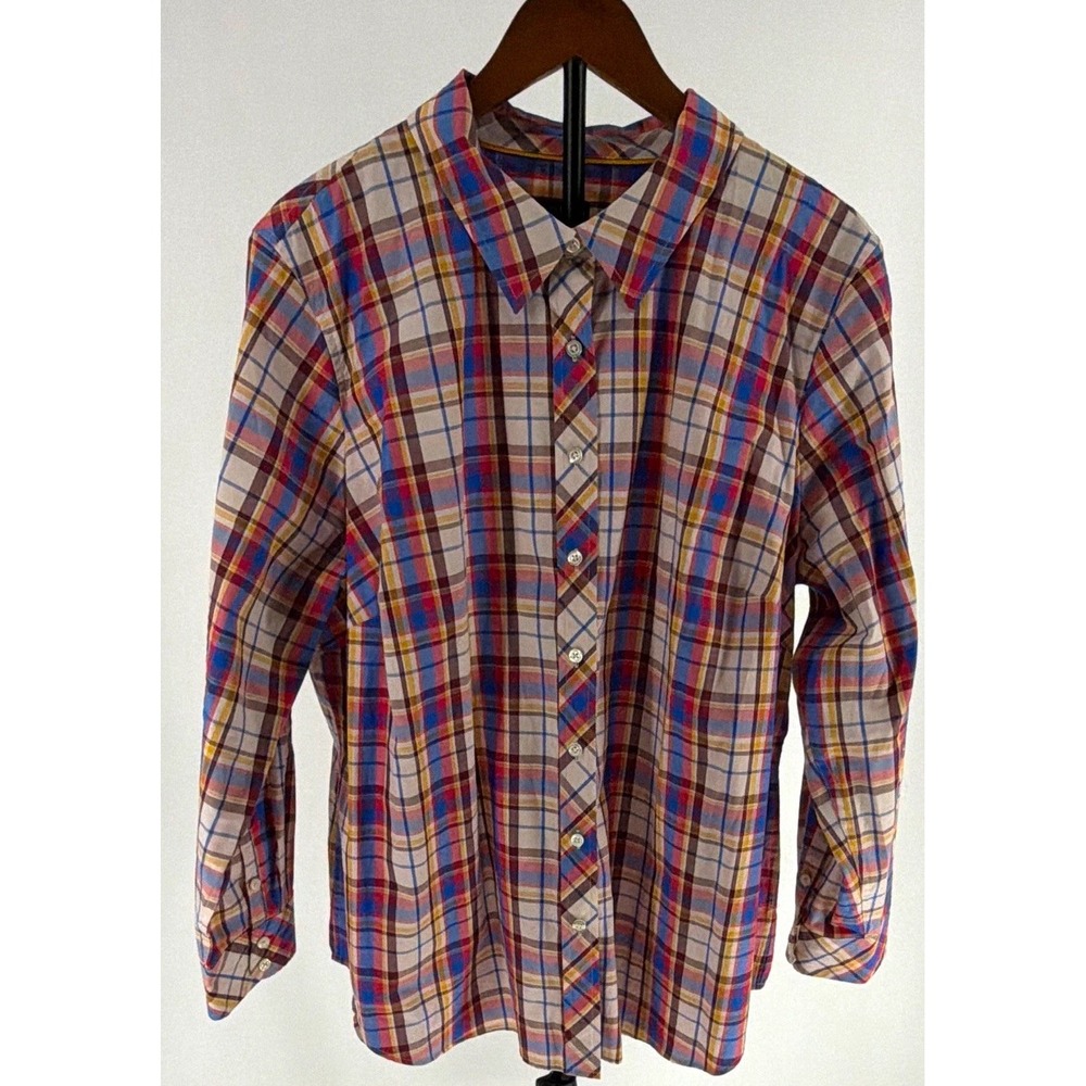 Talbots Women's 2X Red Blue Multicolor Plaid Woven Cotton Button-Up Shirt